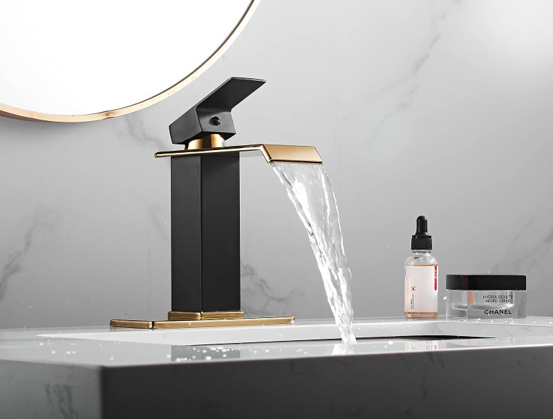 YCCUZA Black Bathroom Faucet Gold Waterfall One Handle 1-3 Hole Lavatory Vanity Sink Faucet with Water Supply Hose Deck Mount Commercial - Image 4